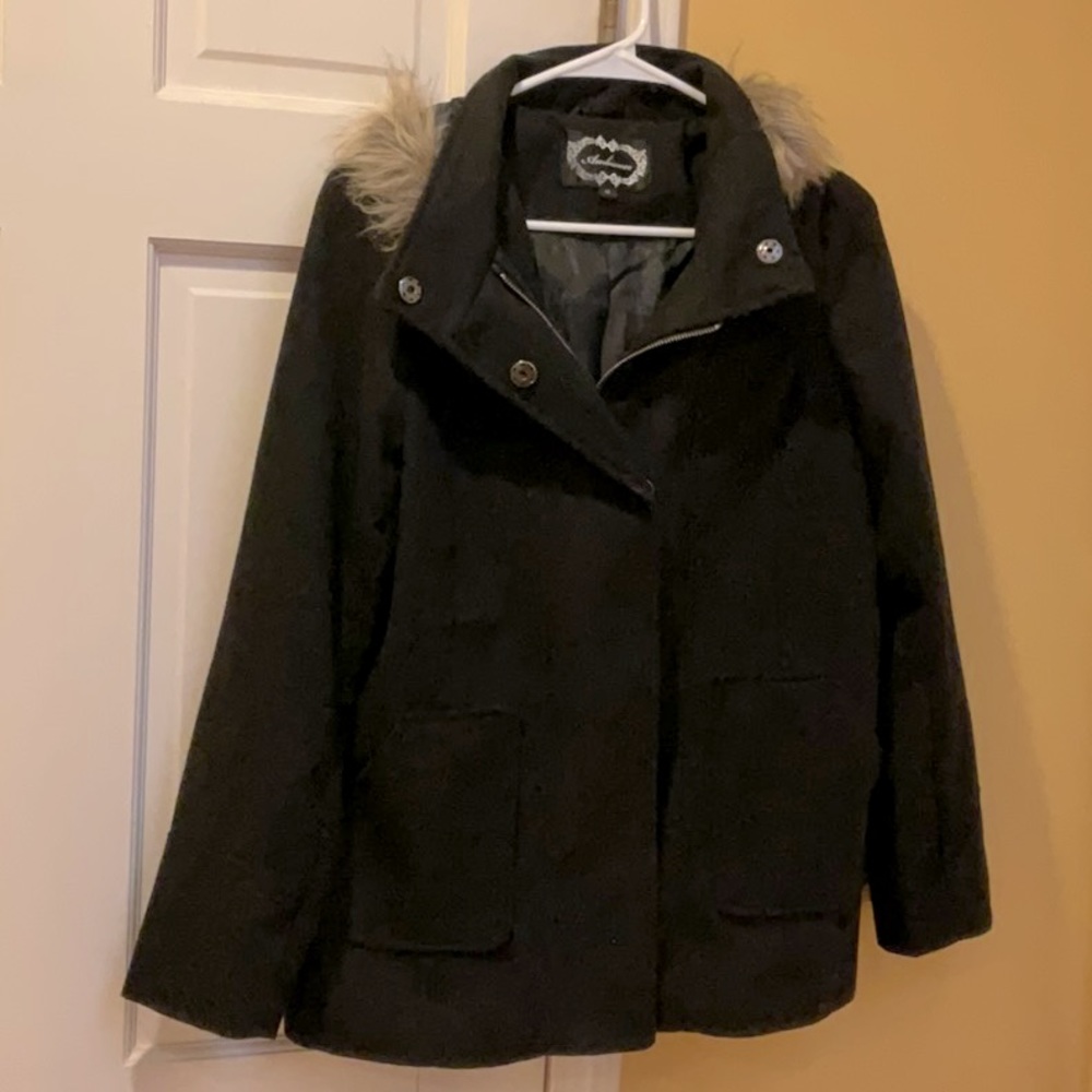 Ambience black pea coat with fur trimmed hood, medium.